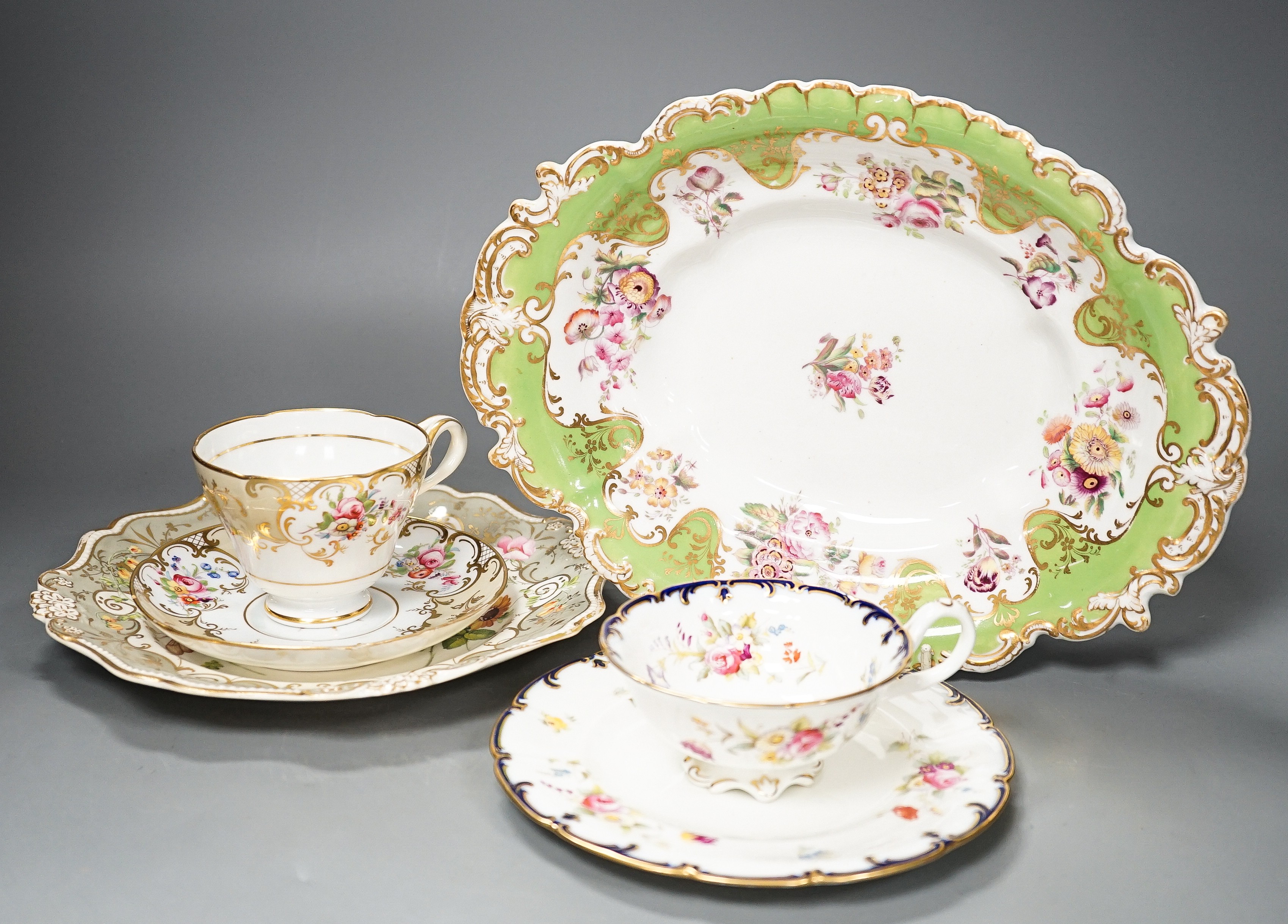 A Copeland and Garrett porcelain part dessert service, a Ridgway type porcelain part desert service and a Cauldon part tea set